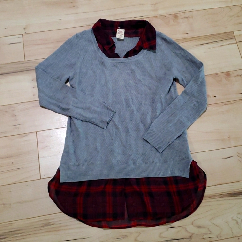 Sweater with built in plaid insert